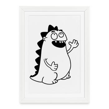 Dino Waving – Kawaii, dessin animé et Freud préhistorique - Affiche encadrée (27 × 37 cm) - blanc - Devant