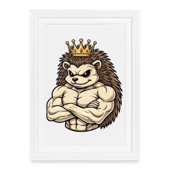 Hérisson fort Roi Dessin animé Fitness Portrait - Affiche encadrée (27 × 37 cm) - blanc - Devant