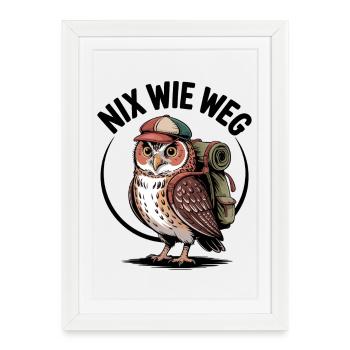 Hiking owl with backpack - Framed poster (27 × 37 cm) - white - Front