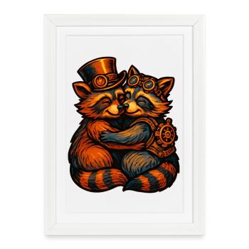 Steampunk Raccoon Cuddle - Framed poster (27 × 37 cm) - white - Front