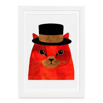 Chat Rouge Cool avec un haut-de-forme - Affiche encadrée (27 × 37 cm) - blanc - Devant
