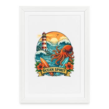  Océan : Phare, Vagues et Pieuvre - Affiche encadrée (27 × 37 cm) - blanc - Devant
