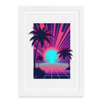 Coucher de soleil néon sur la plage de palmiers - Affiche encadrée (27 × 37 cm) - blanc - Devant