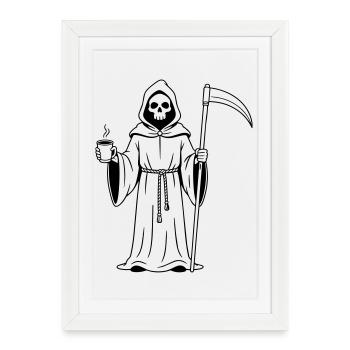 Faucheuse avec une tasse de café - Affiche encadrée (27 × 37 cm) - blanc - Devant
