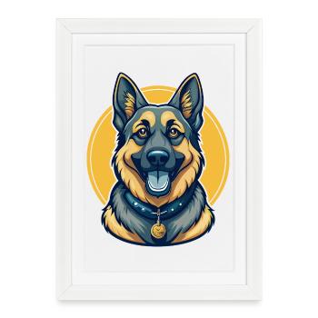 Clipart de dessin animé mascotte Kawaii avec un berger allemand - Affiche encadrée (27 × 37 cm) - blanc - Devant