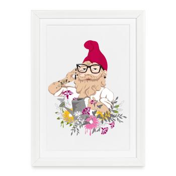 Un nain de jardin hippie avec des lunettes et des tatouages - Affiche encadrée (27 × 37 cm) - blanc - Devant