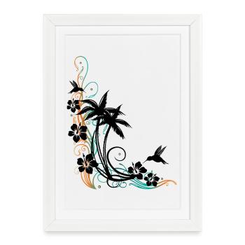 Palmiers avec vague, hibiscus et colibris. Été. - Affiche encadrée (27 × 37 cm) - blanc - Devant