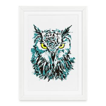 Owl Drawing - Blue Owl with Shining Eyes - Framed poster (27 × 37 cm) - white - Front