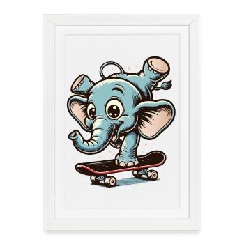 Éléphant de dessin animé bleu sur la planche à roulettes - Affiche encadrée (27 × 37 cm) - blanc - Devant