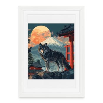 Wolf Japon Mont Fuji Yama Japon Temple Sanctuaire - Affiche encadrée (27 × 37 cm) - blanc - Devant