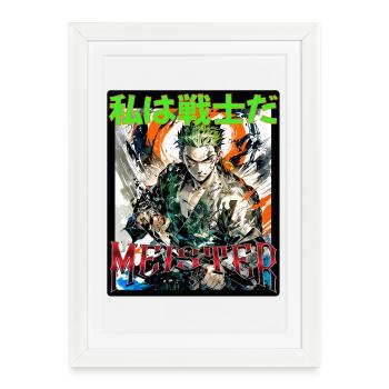 Héros d’anime avec couteau et crinière verte de cheveux - Affiche encadrée (27 × 37 cm) - blanc - Devant
