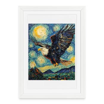Aigle oiseau style Van Gogh nuit étoilée - Affiche encadrée (27 × 37 cm) - blanc - Devant