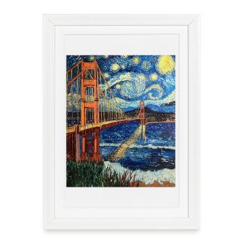 Pont du Golden Gate de San Francisco à la Van Gogh - Affiche encadrée (27 × 37 cm) - blanc - Devant