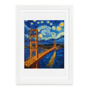 Pont du Golden Gate de San Francisco à la Van Gogh - Affiche encadrée (27 × 37 cm) - blanc - Devant