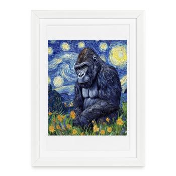 Gorilla Gorillas Monkey Van Gogh Style Starry Night - Framed poster (27 × 37 cm) - white - Front
