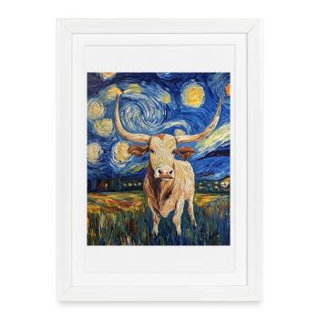 Longhorn Cow Cows Bull Van Gogh Starry Night - Framed poster (27 × 37 cm) - white - Front