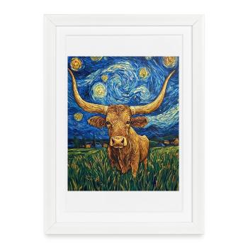 Longhorn Cow Cows Bull Van Gogh Starry Night - Framed poster (27 × 37 cm) - white - Front