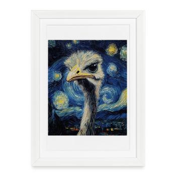 Oiseau Autruche Style Van Gogh Nuit étoilée - Affiche encadrée (27 × 37 cm) - blanc - Devant
