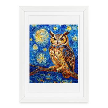 hibou oiseau style van gogh nuit étoilée - Affiche encadrée (27 × 37 cm) - blanc - Devant
