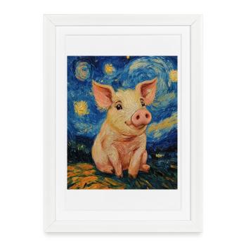 Cochon Porcelet Style Van Gogh Nuit étoilée - Affiche encadrée (27 × 37 cm) - blanc - Devant