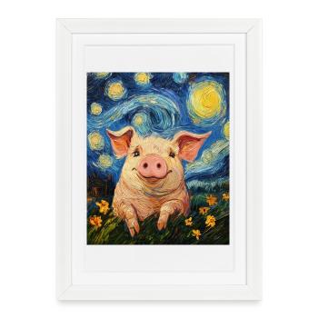 Cochon Porcelet Style Van Gogh Nuit étoilée - Affiche encadrée (27 × 37 cm) - blanc - Devant