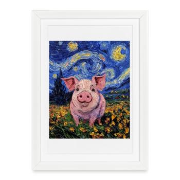 Cochon Porcelet Style Van Gogh Nuit étoilée - Affiche encadrée (27 × 37 cm) - blanc - Devant