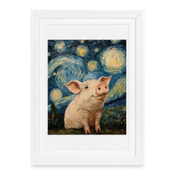 Cochon Porcelet Style Van Gogh Nuit étoilée - Affiche encadrée (27 × 37 cm) - blanc - Devant