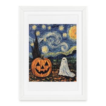 Pumpkin Ghost Halloween Van Gogh Style Starry Night - Framed poster (27 × 37 cm) - white - Front