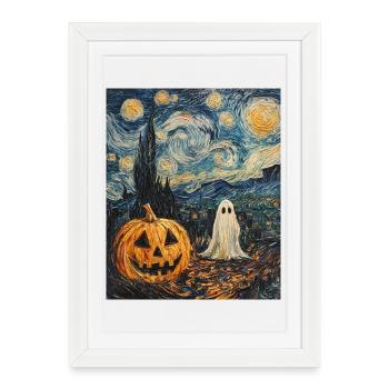 Pumpkin Ghost Halloween Van Gogh Style Starry Night - Framed poster (27 × 37 cm) - white - Front