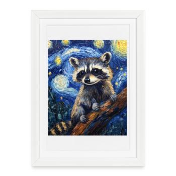 Waschbär raton laveur style Van Gogh nuit étoilée - Affiche encadrée (27 × 37 cm) - blanc - Devant