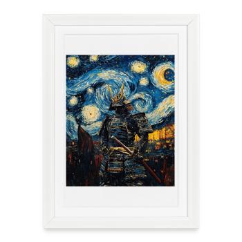 Samouraï Japon Style Van Gogh Nuit étoilée - Affiche encadrée (27 × 37 cm) - blanc - Devant