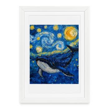 Baleine Poisson Baleine Bleue Style Van Gogh Nuit étoilée - Affiche encadrée (27 × 37 cm) - blanc - Devant