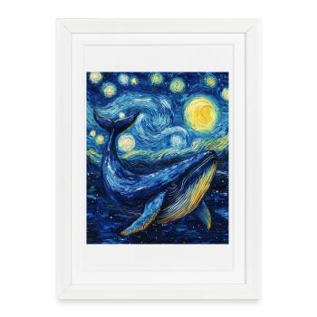 Baleine Poisson Baleine Bleue Style Van Gogh Nuit étoilée - Affiche encadrée (27 × 37 cm) - blanc - Devant