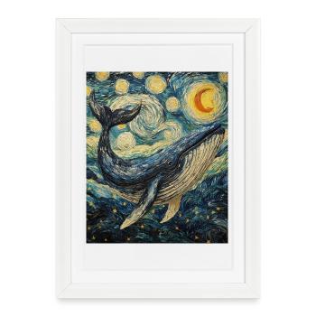 Baleine Poisson Baleine Bleue Style Van Gogh Nuit étoilée - Affiche encadrée (27 × 37 cm) - blanc - Devant