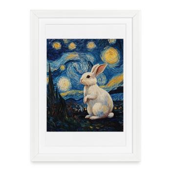 Rabbit Van Gogh Style Starry Night - Framed poster (27 × 37 cm) - white - Front