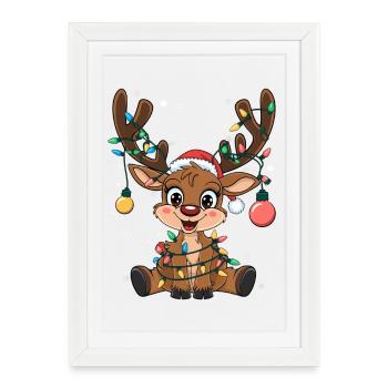 Rentier mit Lichterkette - Gerahmtes Poster (27 × 37 cm) - Weiß - Vorne