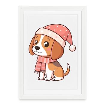 Chien beagle Noël - Affiche encadrée (27 × 37 cm) - blanc - Devant