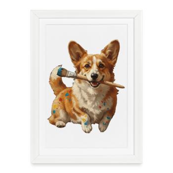 Corgi Artiste au Pinceau - Affiche encadrée (27 × 37 cm) - blanc - Devant