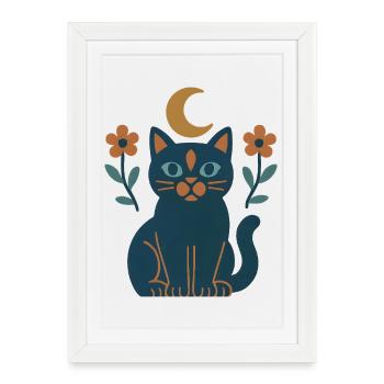 Chat de la lune aux fleurs nocturnes - Affiche encadrée (27 × 37 cm) - blanc - Devant