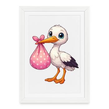 Pélican câlin avec un paquet rose - Affiche encadrée (27 × 37 cm) - blanc - Devant