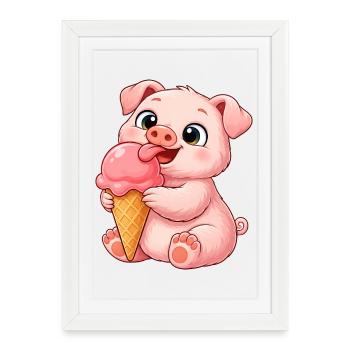 Süßes Schweinchen mit Eis Cartoon - Framed poster (27 × 37 cm) - white - Front