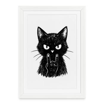 Chat noir grunge rock – signe cornes du diable - Affiche encadrée (27 × 37 cm) - blanc - Devant