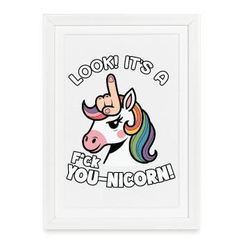 Licorne Licorne coquine qui dit « Va te faire foutre » - Affiche encadrée (27 × 37 cm) - blanc - Devant