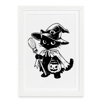 Black Cat Witch with Broom and Jack-o-lantern - Framed poster (27 × 37 cm) - white - Front