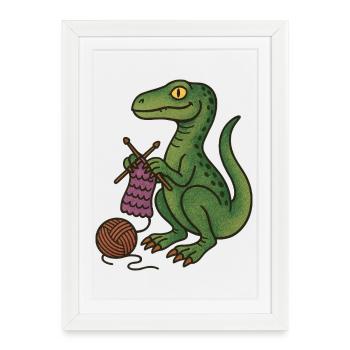 Dino Tricotant Douillet - Affiche encadrée (27 × 37 cm) - blanc - Devant