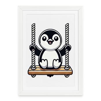 Dessin animé du Pingouin mignon sur la balançoire - Affiche encadrée (27 × 37 cm) - blanc - Devant