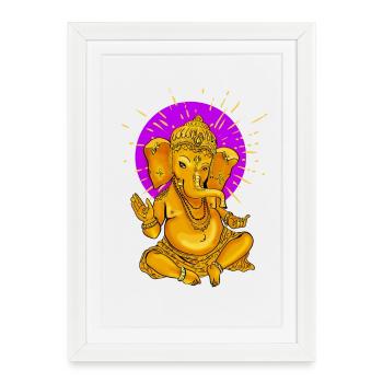 Yoga Namaste Bouddha Éléphant Ganesha Or Soleil Om - Affiche encadrée (27 × 37 cm) - blanc - Devant