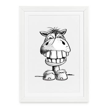 Cheval montre enfin des dents - rire - sourire - poney - Affiche encadrée (27 × 37 cm) - blanc - Devant