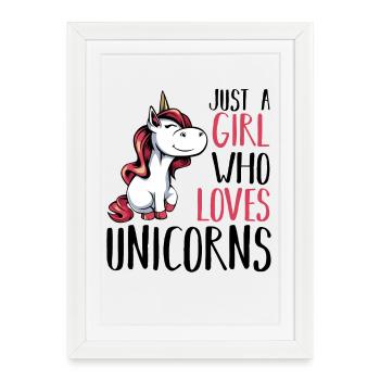 La fille adore la licorne - Affiche encadrée (27 × 37 cm) - blanc - Devant