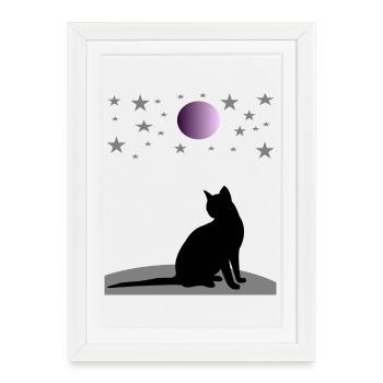 Starry sky with moon and cat - Framed poster (27 × 37 cm) - white - Front